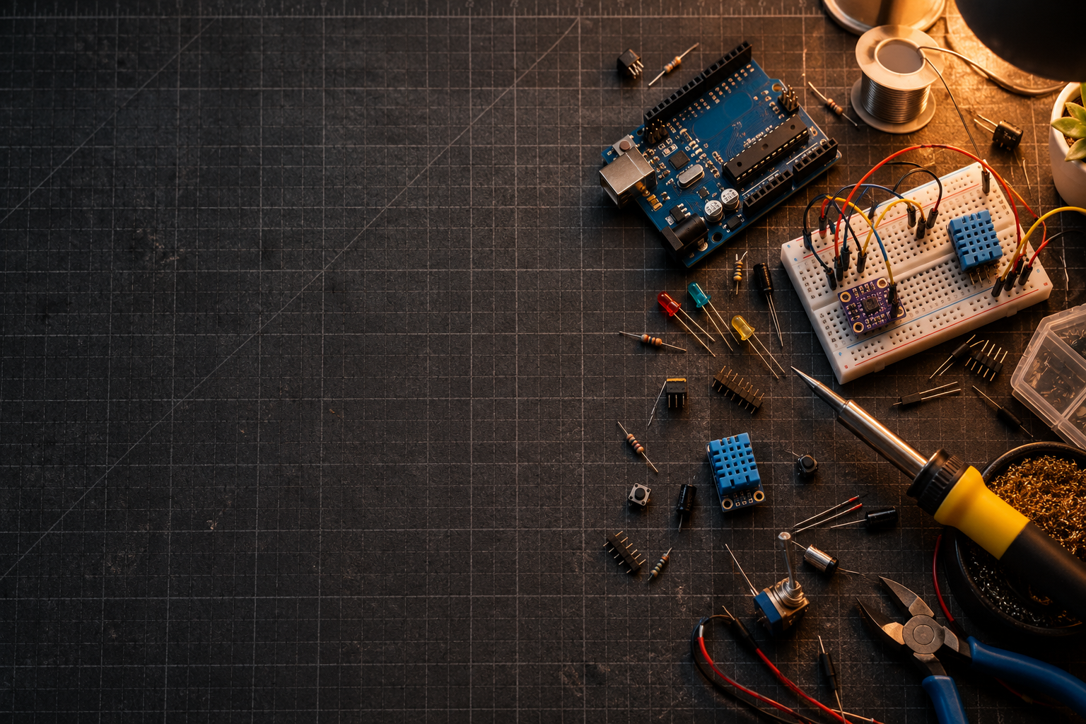 Паяльник, Arduino, макетная плата и датчики на рабочем столе